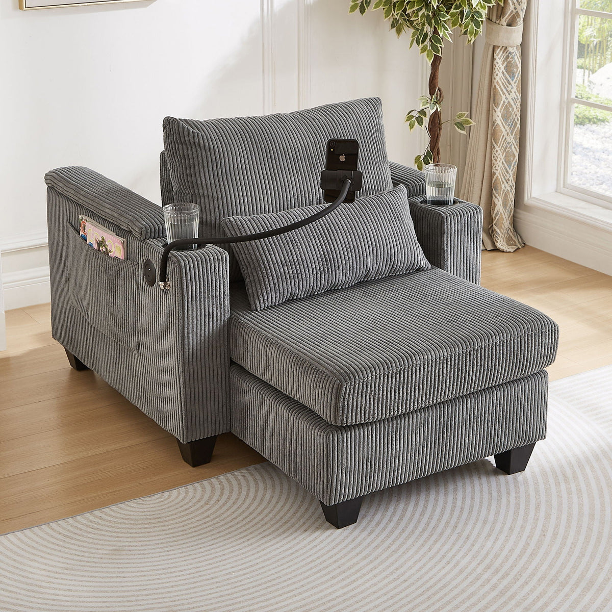 Convertible Chaise Lounge Sofa Chair With USB Ports, Cup Holders, Phone Holder And Storage
