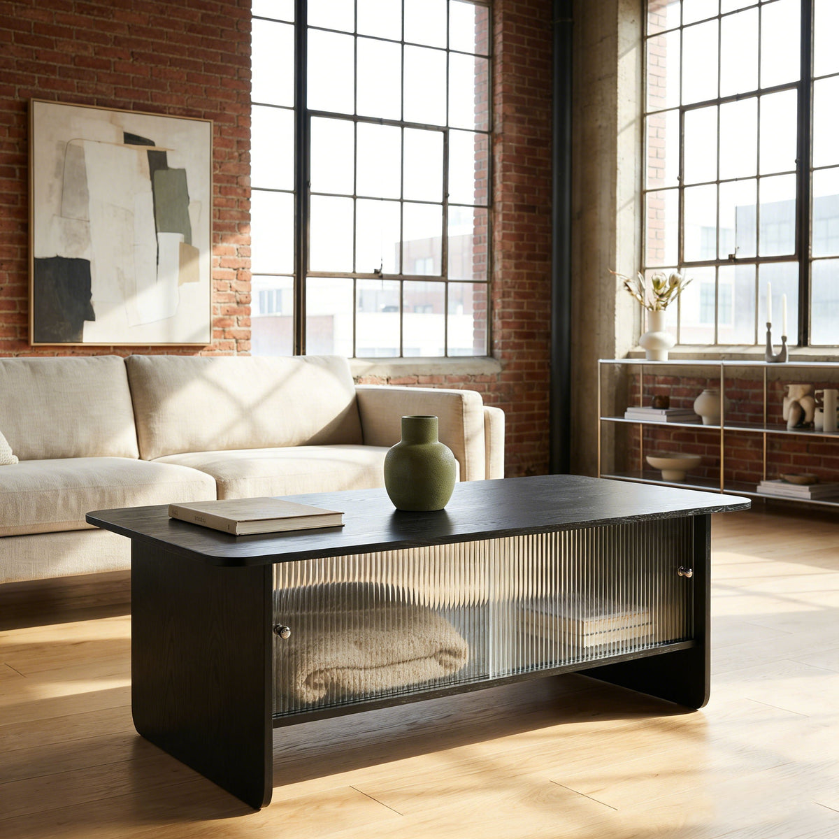 Rectangular Coffee Table With Sliding Door Storage Center