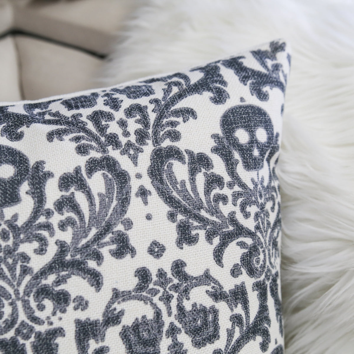 Baroque Skull Damask Accent Pillow – Black & White Day of the Dead Accent Cushion