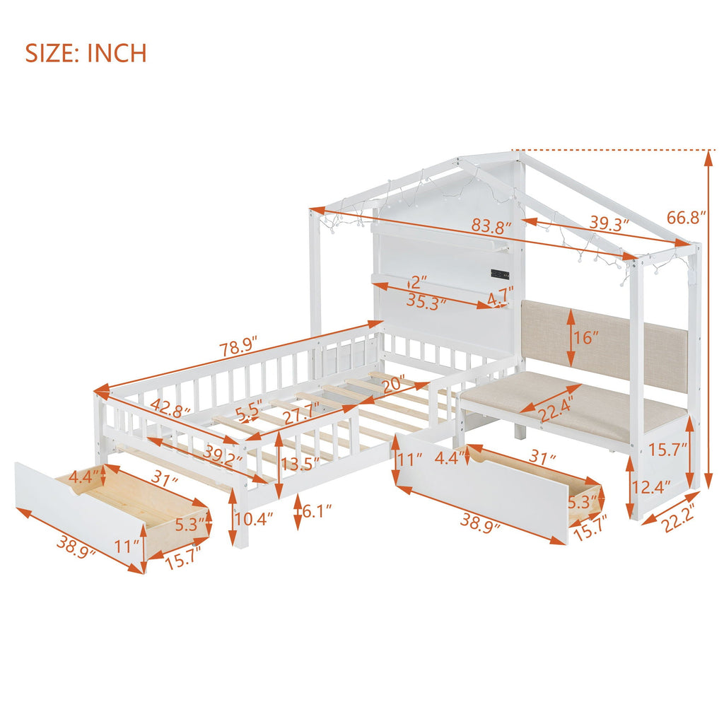 House Bed With Upholstered Sofa, Wireless Charging Station, Shelves And 2 Drawers
