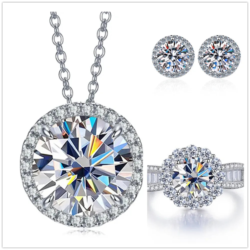 9ct Moissanite 925 Sterling Silver Ring Earrings Necklace Jewelry Set Gift