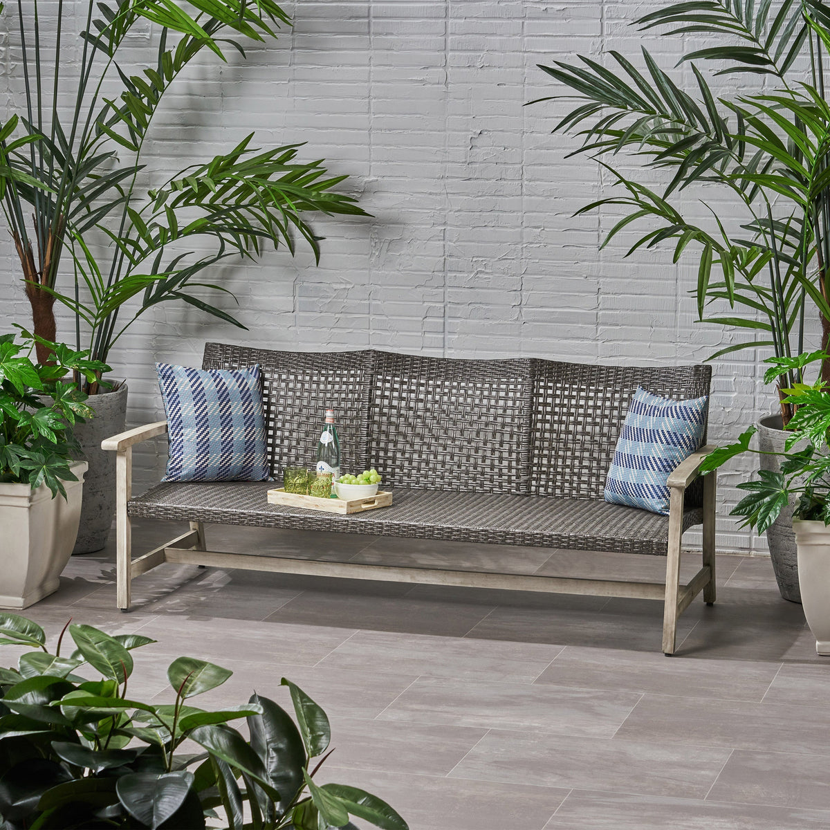 Outdoor Acacia Wood Wicker 3 Seater Sofa