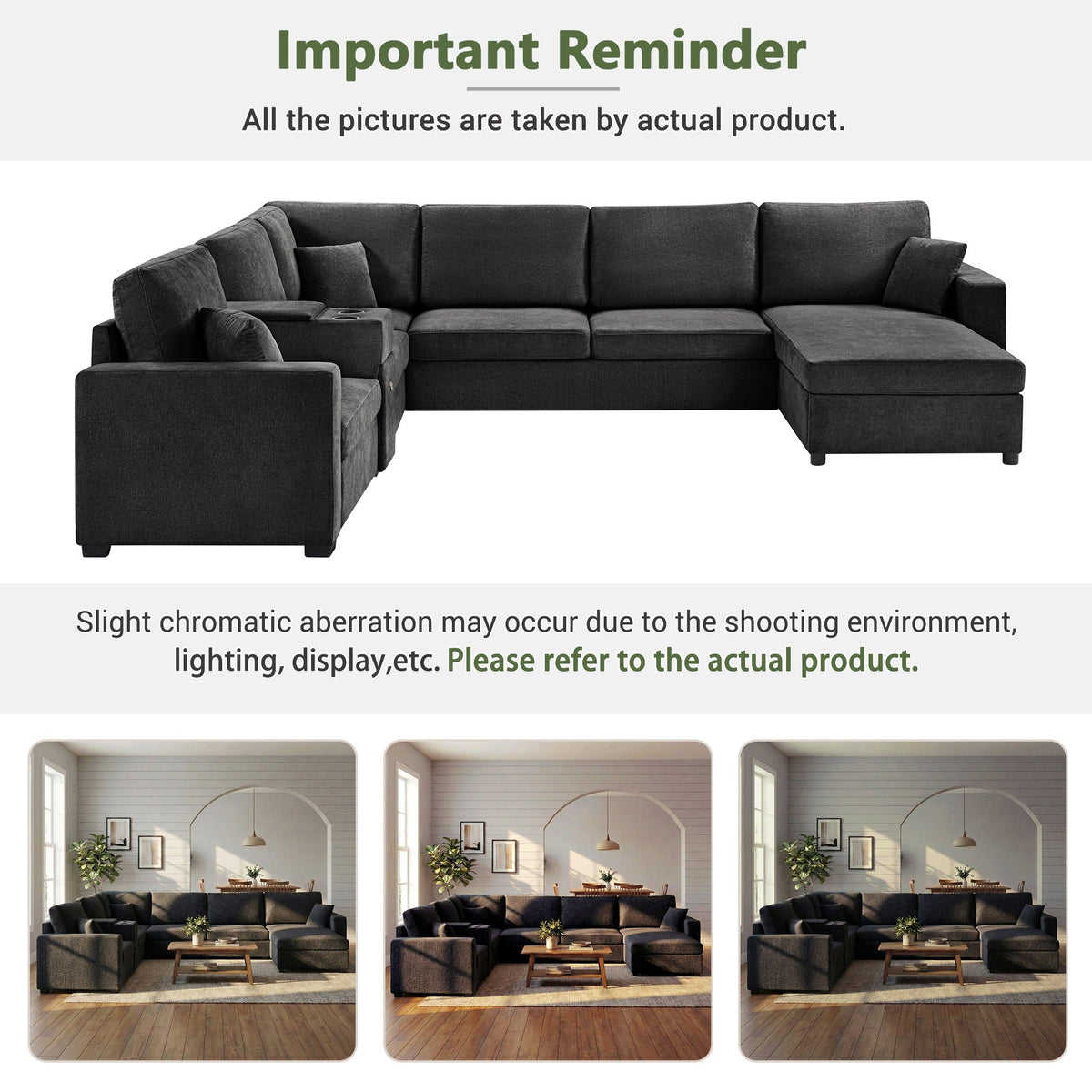 Modular 5 Seat U-Shape Sectional Sofa With Chaise Lounge, Built In Cup Holders And Storage Drawer