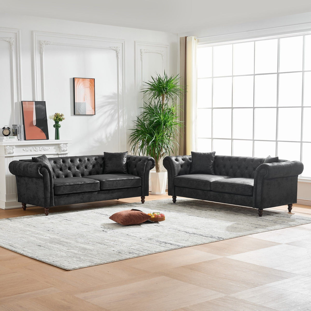 Chesterfield 3 And 3 Seater Sofa Set High Tech Fabric Roll Armrest Upholstered Couch