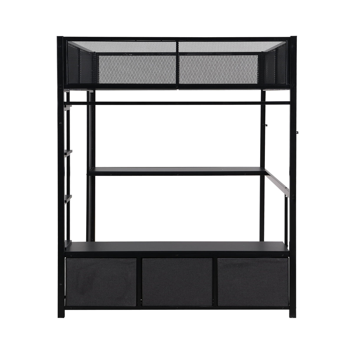 Full Size Gaming Loft Bed With LED Desk, Open Wardrobe, 3 Linen Storage Drawers - Black