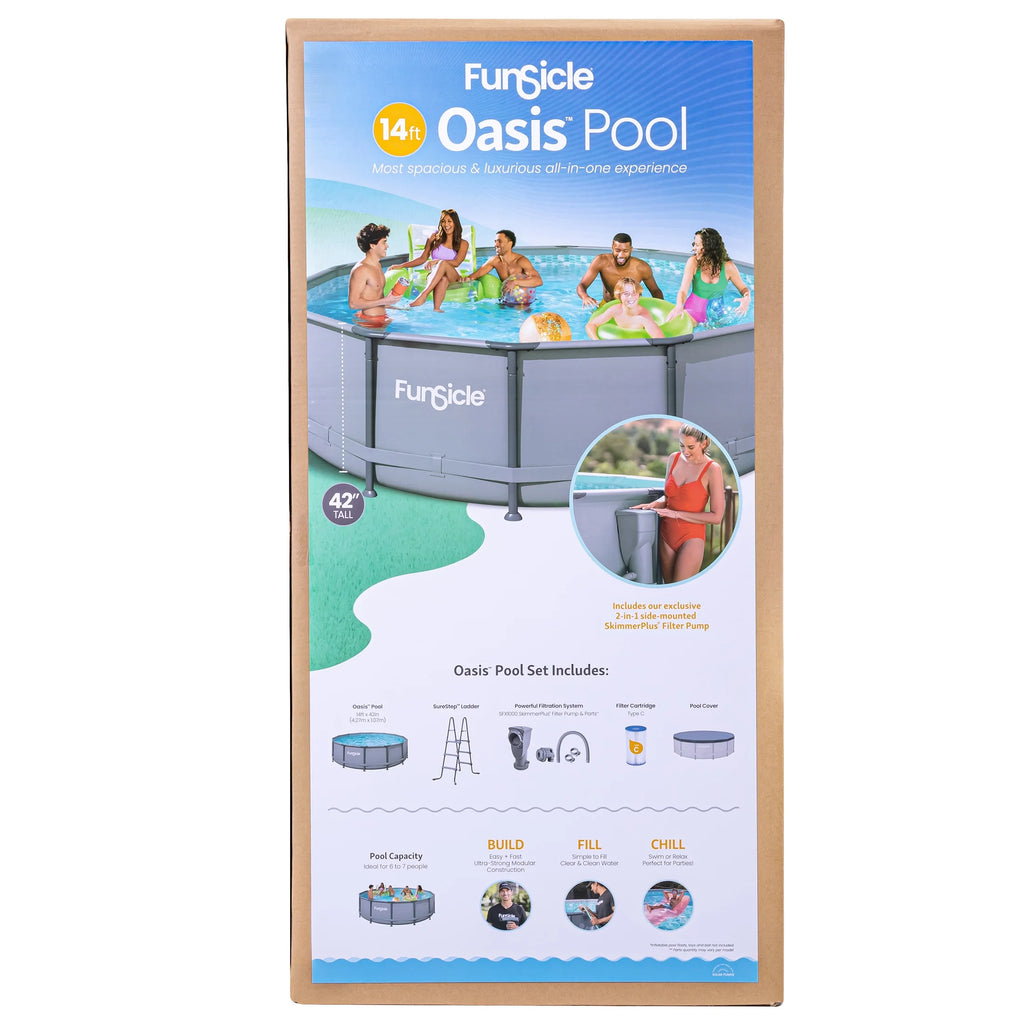 14 Ft Oasis round above Ground Metal Frame Swimming Pool, Includes Skimmerplus Pump, Age 6 & Up