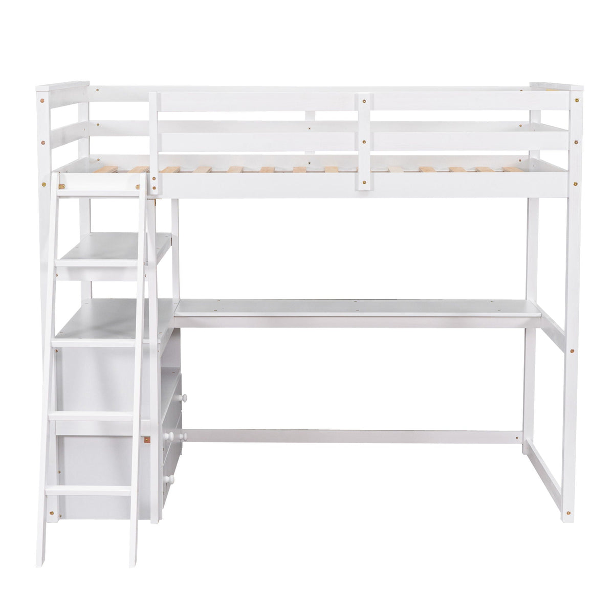 Modern Loft Bed With Built In Desk, Shelves, And 2 Drawers