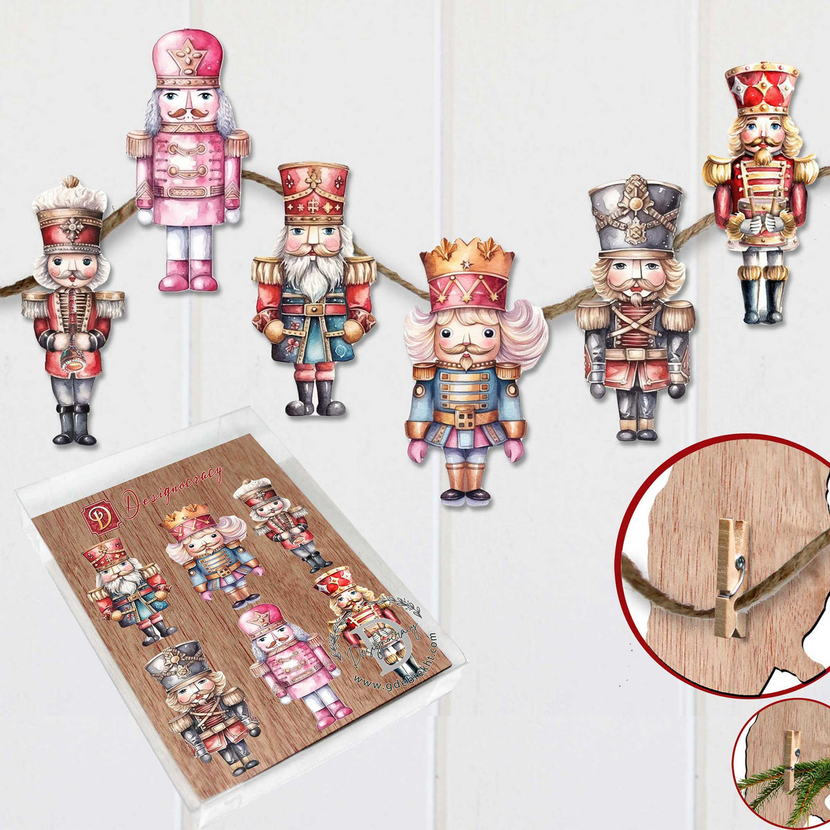 Nutcrackers Clip-On Eco Wood Decorative Ornaments Set of 6 by G. Debrekht - Christmas Decor - 8090008C-S6