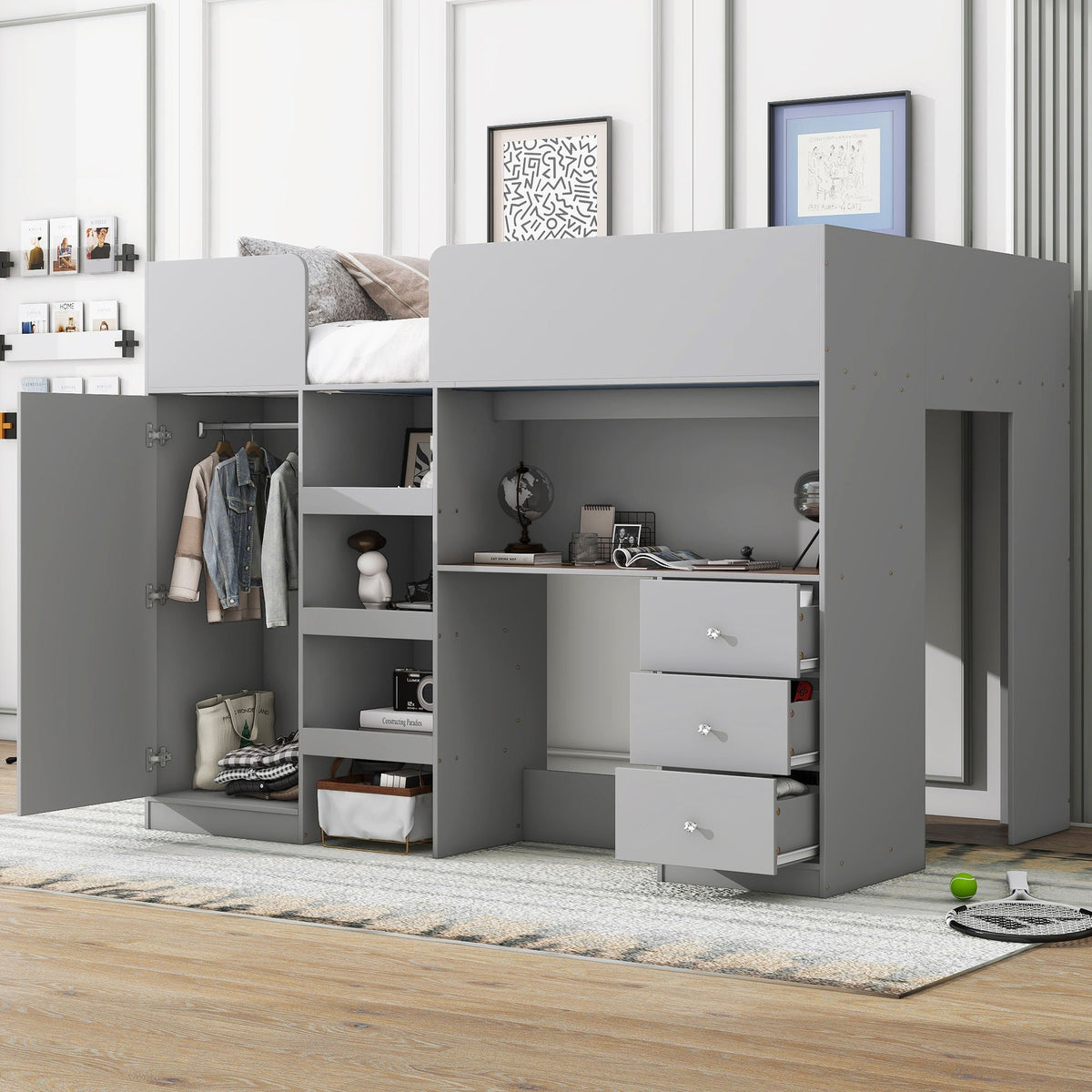 Loft Bed With Built In Wardrobe, Desk, Shelves, And Drawers