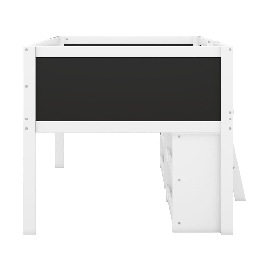Low Loft Bed With Movable Shelves And Ladder, Decorative Chalkboard Guardrail