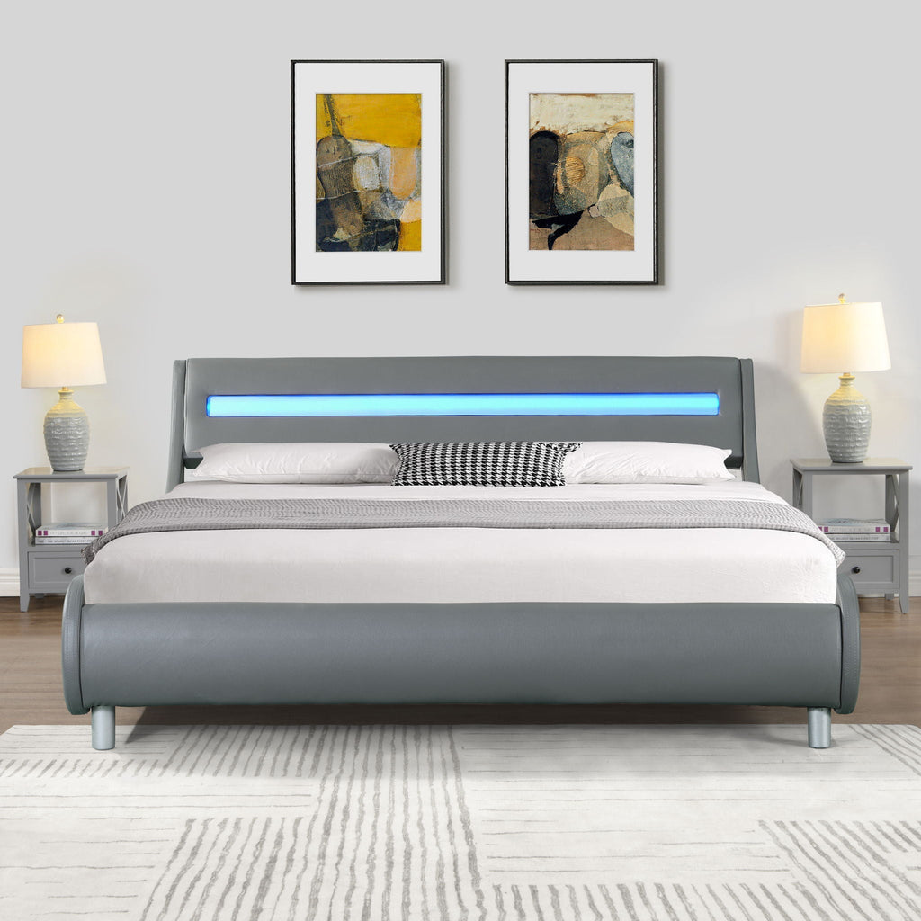 Queen Size Upholstered Platform Bed Frame with LED Lighting
