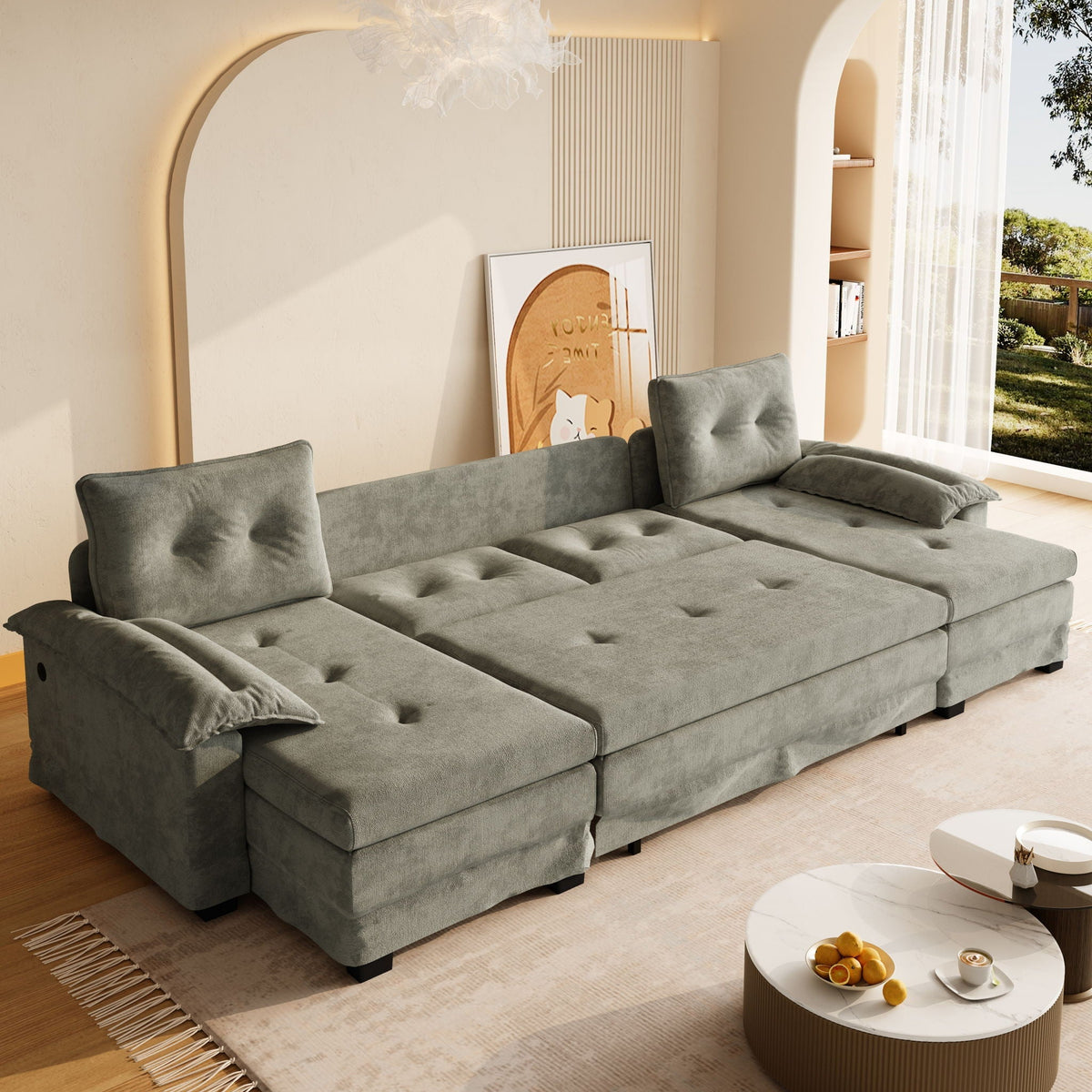U-Shaped Sleeper Sofa With Pull Out Bed, Removable Armrests & USB Ports For Living Room