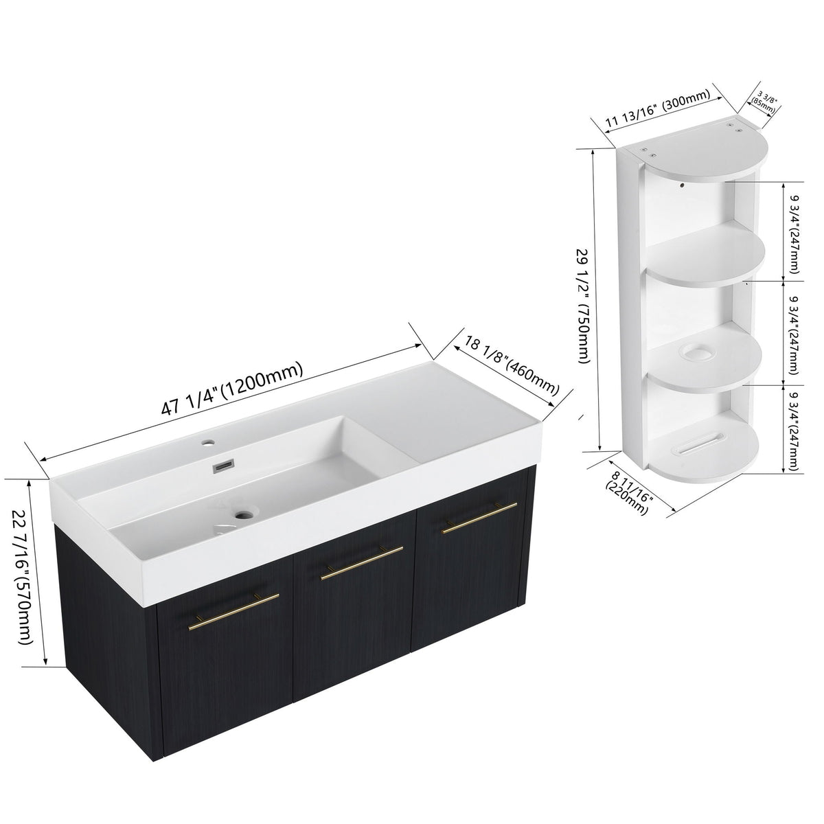 Modern Chestnut Wall Mounted Bathroom Vanity With Left Resin Sink And Storage Rack - Black Chestnut