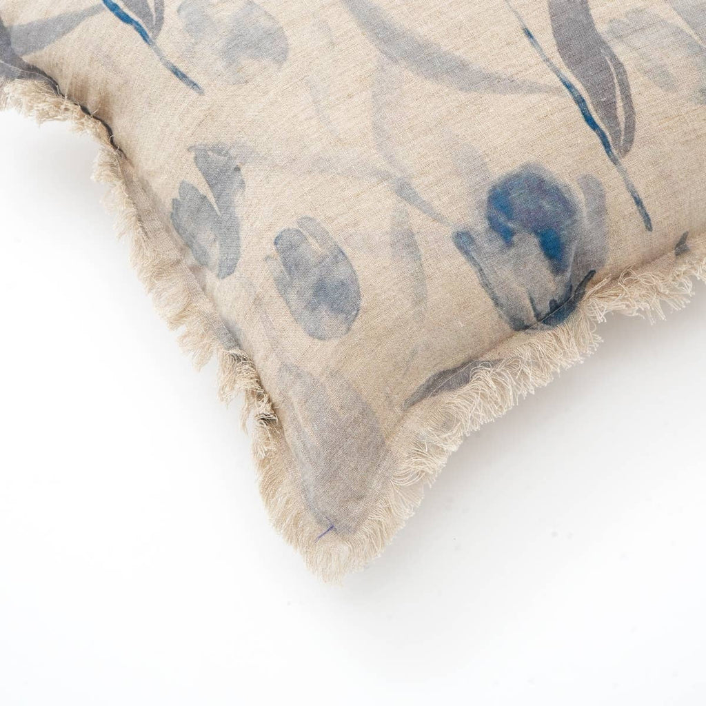 Linen Printed Lumbar Throw Pillow with Fringes (Blue & Grey) 16x24