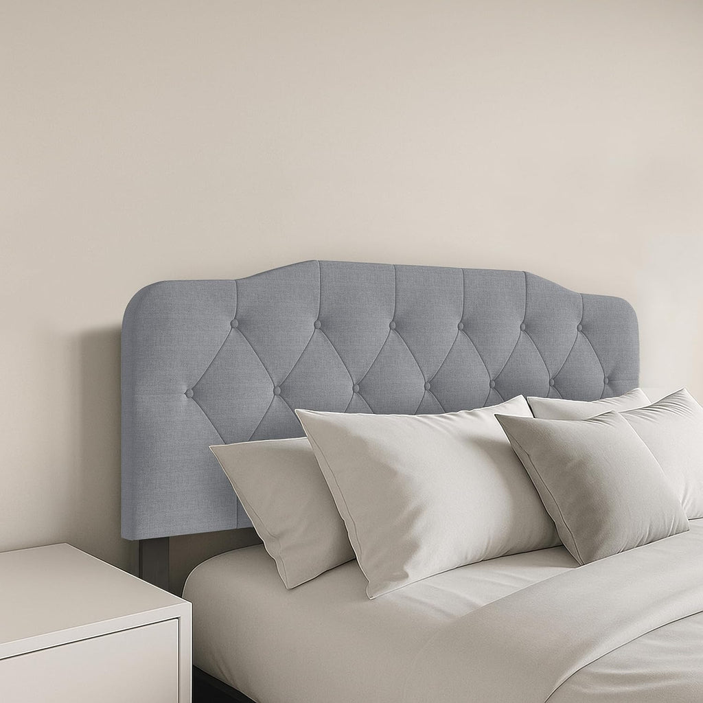 Angela Full Size Button-Tufted Upholstered Headboard, Adjustable Height, Foam Padding, Easy Assembly, Gray