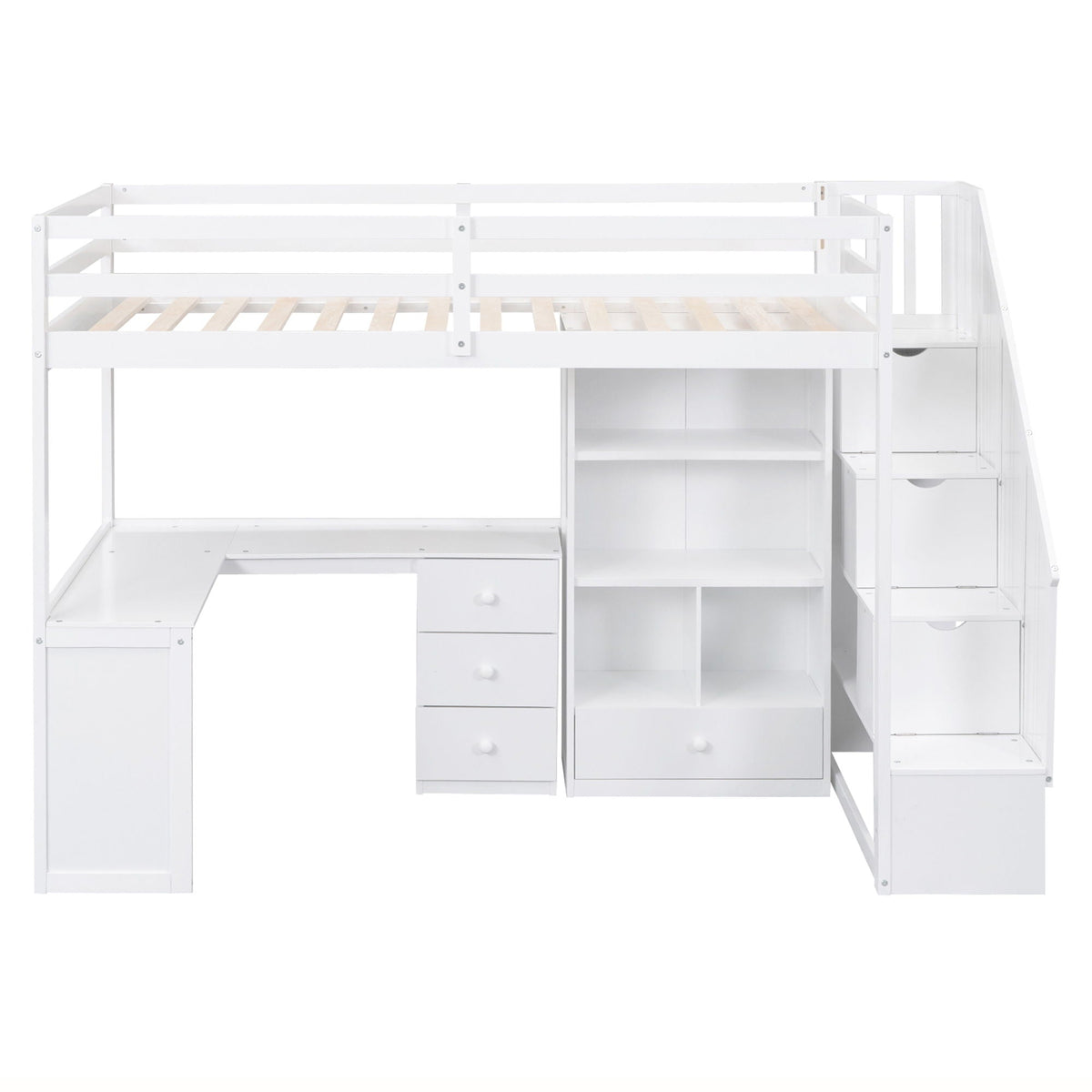 Loft Bed With L Shaped Desk, Drawers, Cabinet, And Storage Staircase