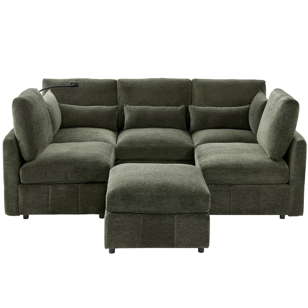 Modern Modular U-Shaped Sofa Bed With Movable Ottoman, USB Ports, Phone Holder