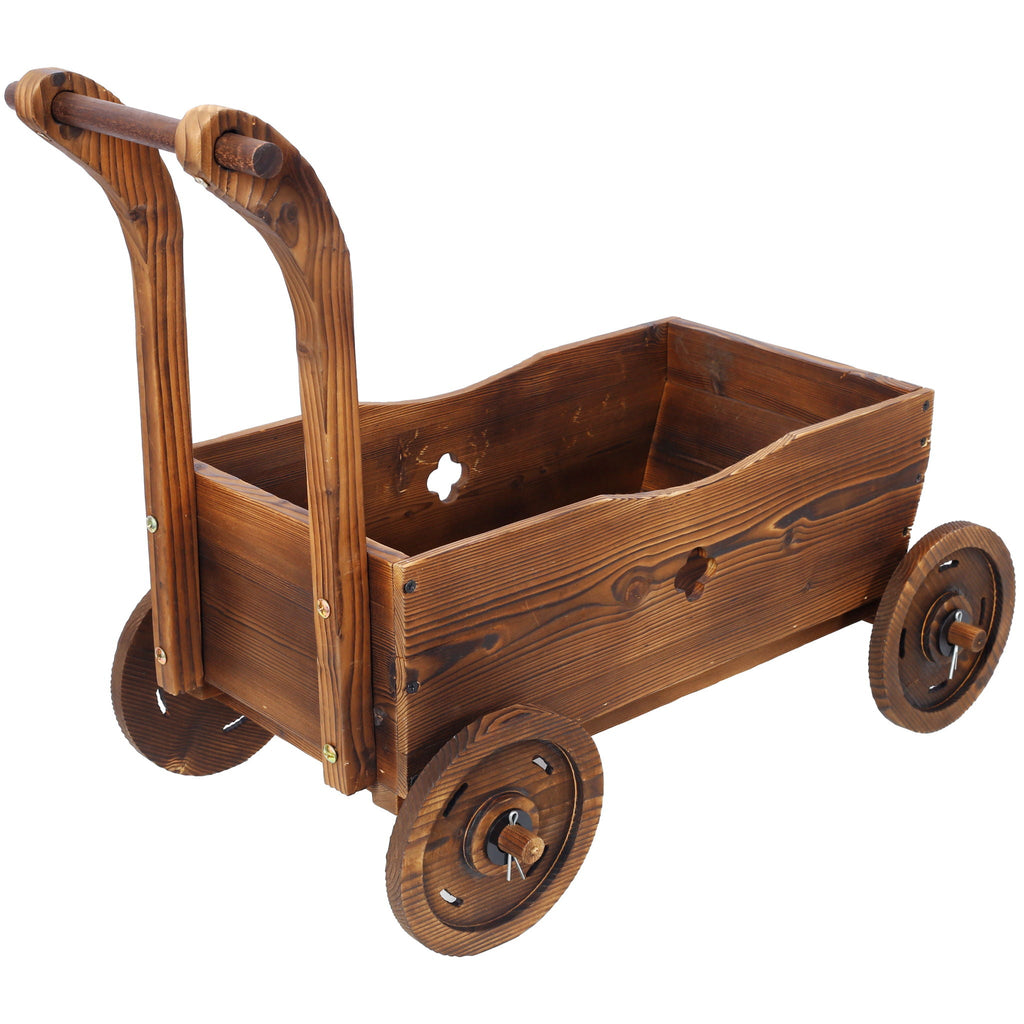 Wooden Wagon Planter Box Mobile Garden Planter With Wheels Handle Drain Hole Wood - Brown