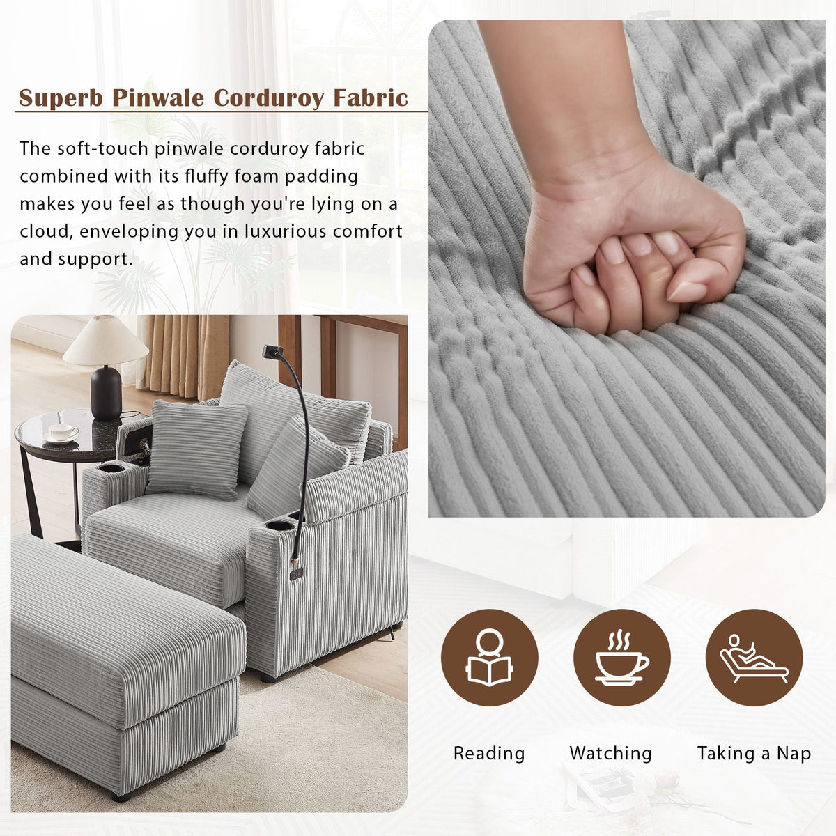Modern Style Loveseat Sofa Sectional Sofa Couch With Storage Space, A Movable Ottoman, Two USB Ports, Two Cup Holders, A Phone Holder For Living Room