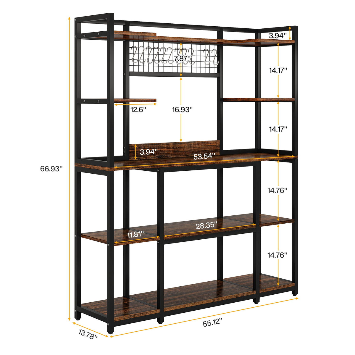 Baker's Rack With Hutch, 5 Tier Kitchen Storage Shelf, Freestanding Utility Pantry Organizer With Hooks And Microwave Stand - Black