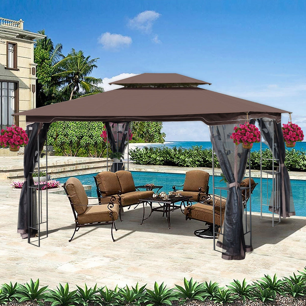Patio Gazebo Tent With Ventilated Double Roof And Mosquito Net For Backyard Or Garden