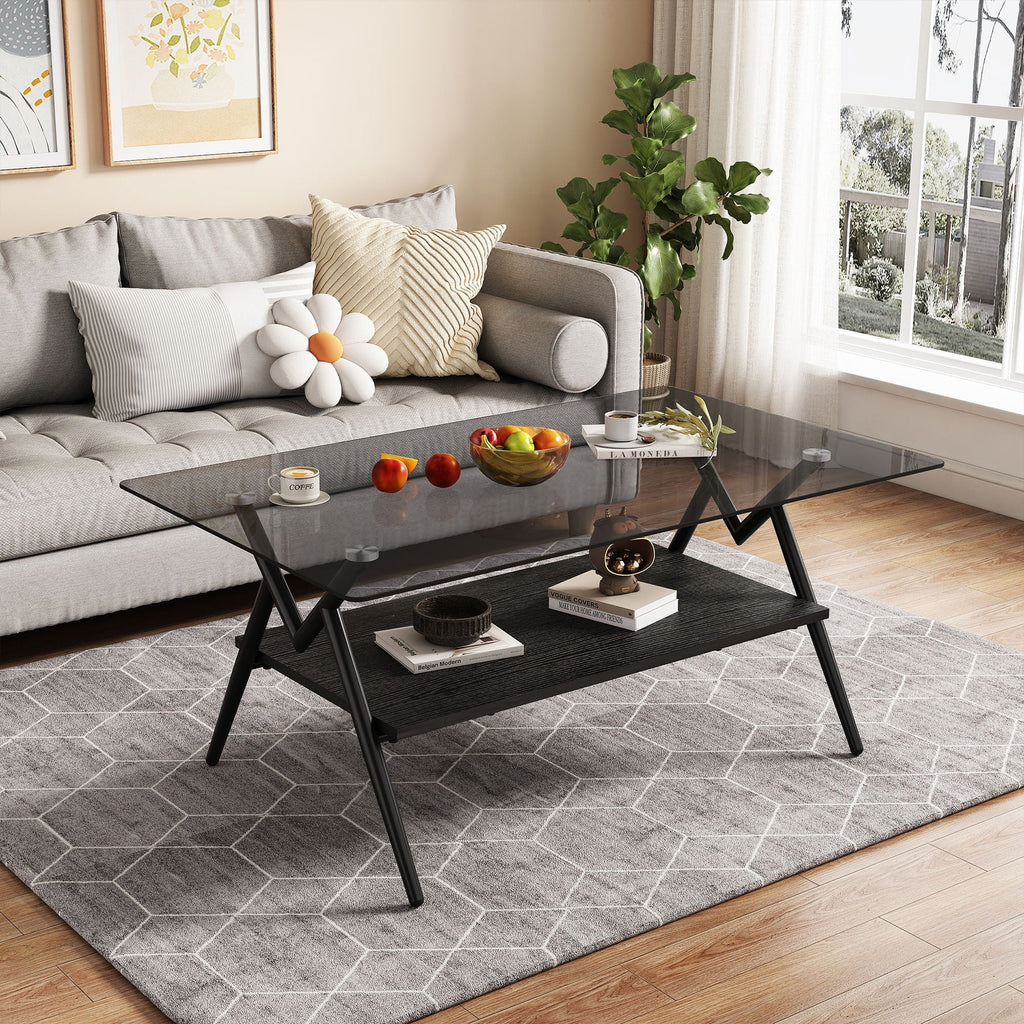 Rectangle Coffee Table With Tempered Glass Top And Shelf, Modern Table For Living Room