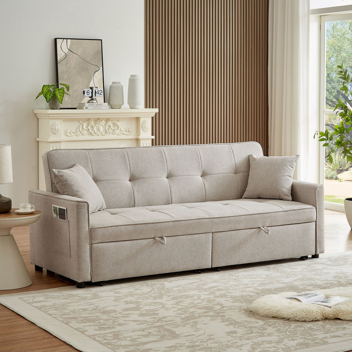 3 In 1 Convertible Sleeper Sofa Bed, Reclining Backrest, Pillows, Pockets