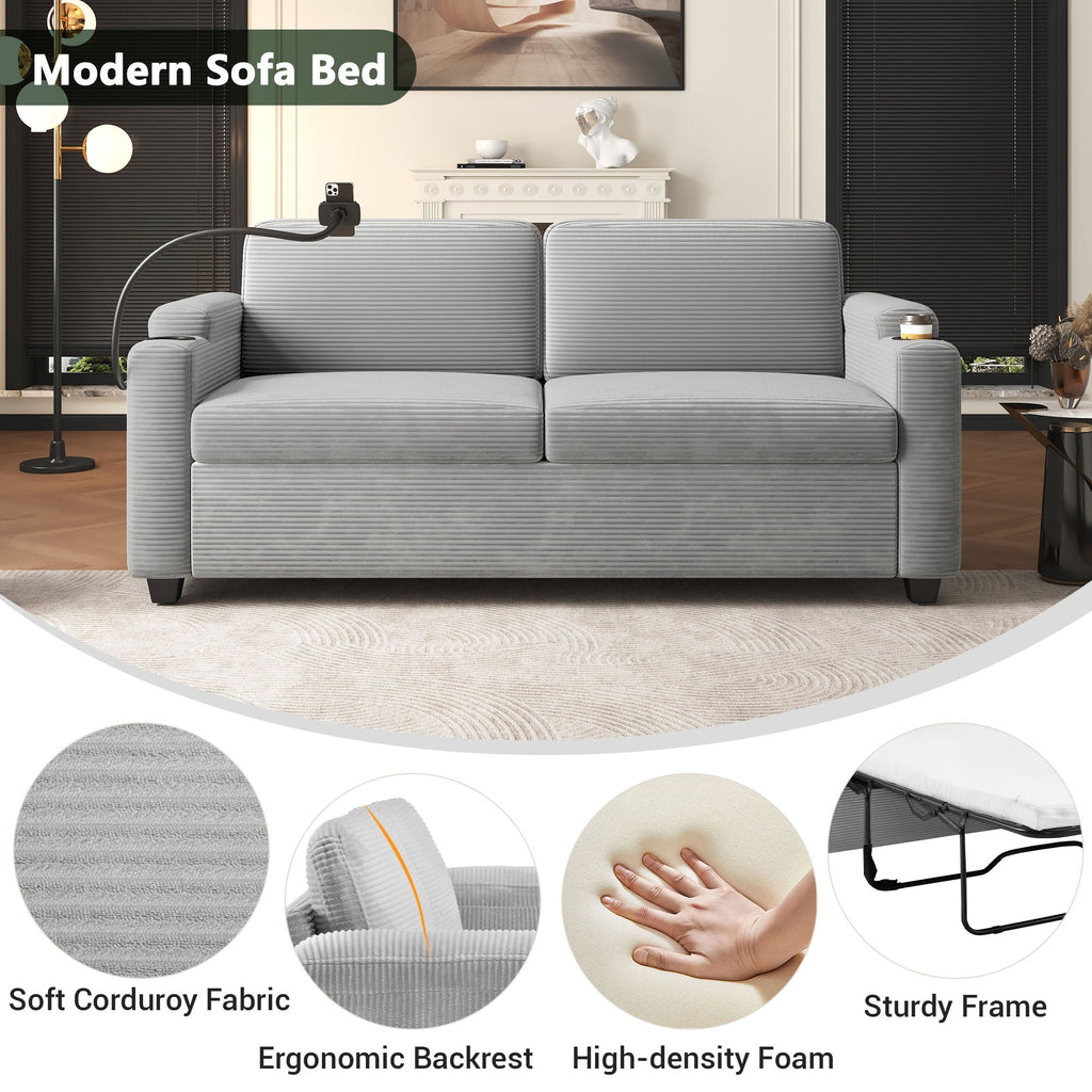 Sleeper Sofa Loveseat Sofa With Full Size Mattress, 2 USB Ports, 2 Cup Holders, 2 Side Pockets And Phone Holder