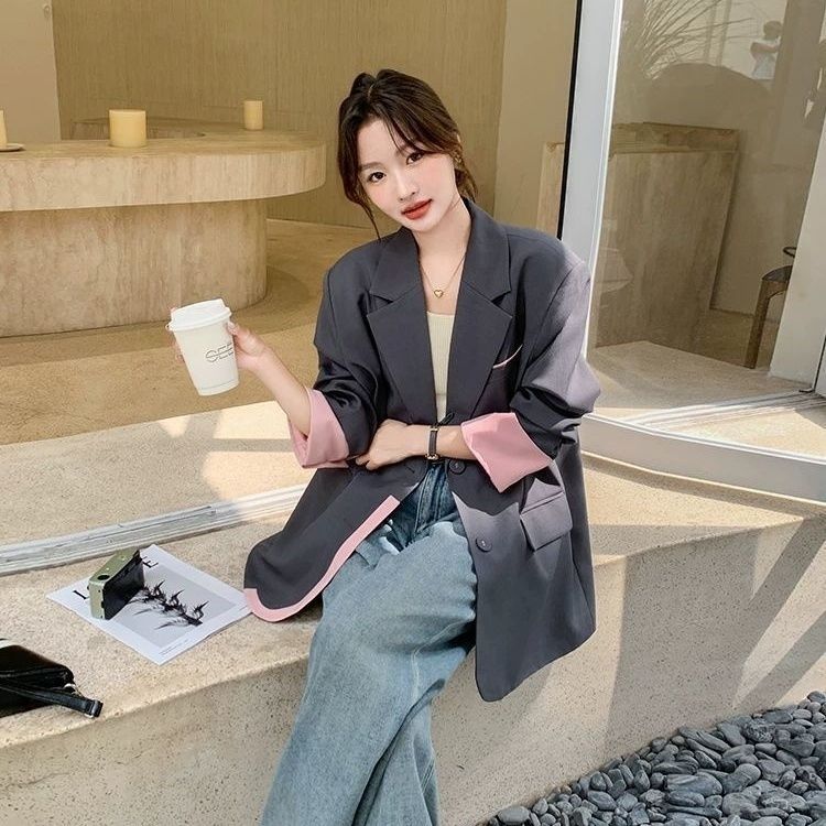 Gray Fashionable Patchwork Color-Block Blazer