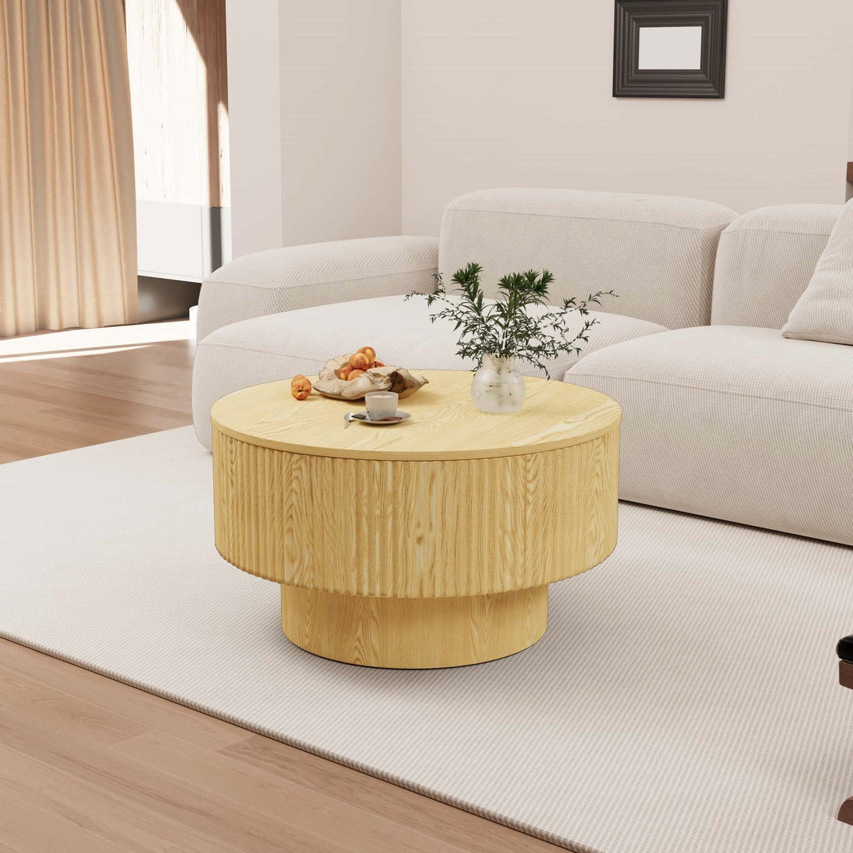 Round Coffee Table With 2 Dining Chairs Set, Ring Striped Design - Beige / Wood