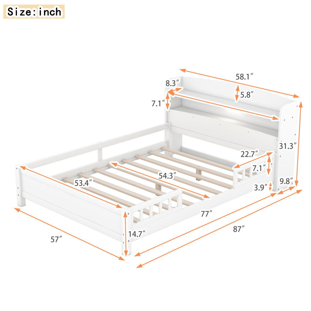 Wood Platform Bed With Built In LED Light, Storage Headboard And Guardrail