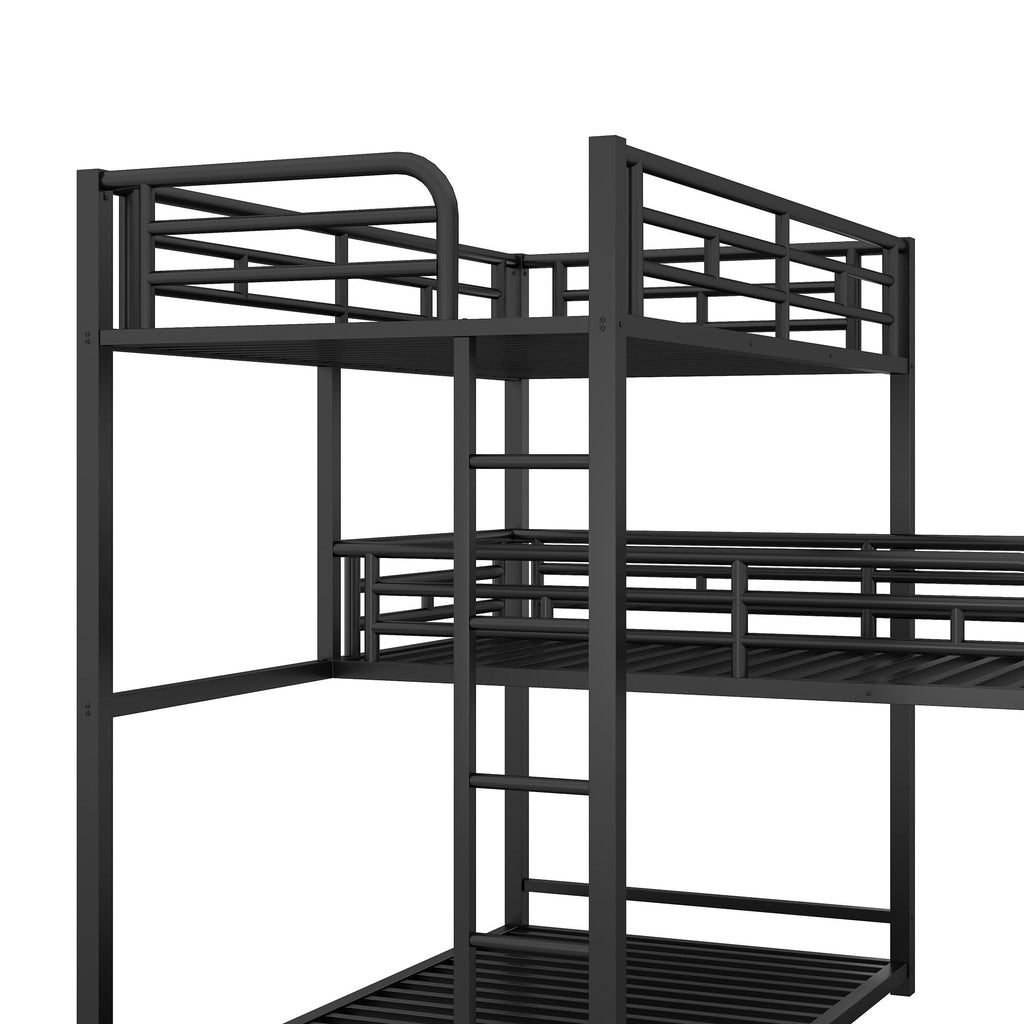 L-Shaped Triple Twin Size Bunk Bed, Industrial Design With Integrated Ladder And Full Length Guardrails - Black