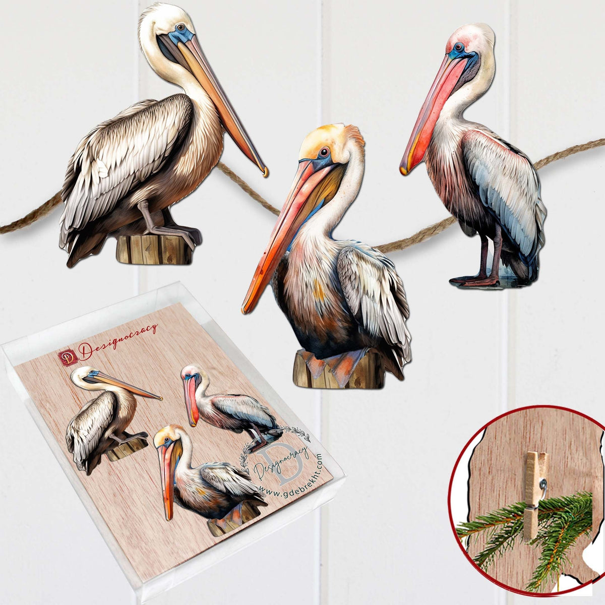 Pelicans Clip-On Eco Wood Decorative Ornaments Set of 3 by G. Debrekht - Christmas Decor - 8091014C-S3