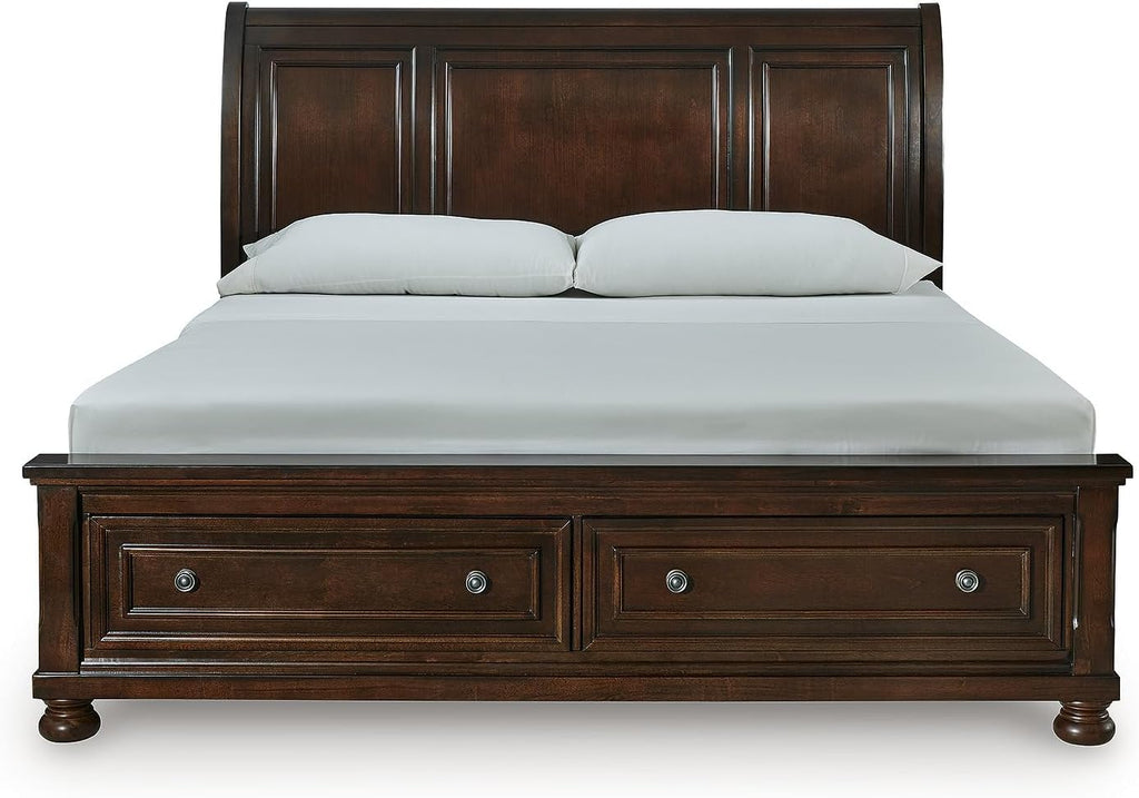 Signature Design by Ashley Porter Traditional 2-Drawer King Sleigh Storage Bed with Bun Feet, Foundation or Box Spring Not Needed, Dark Brown