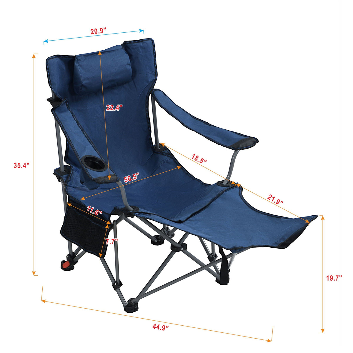 Outdoor Camping Chair With 3 Level Reclining, Side Pockets & Cup Holder, Folding With Carry Bag - Dark Blue
