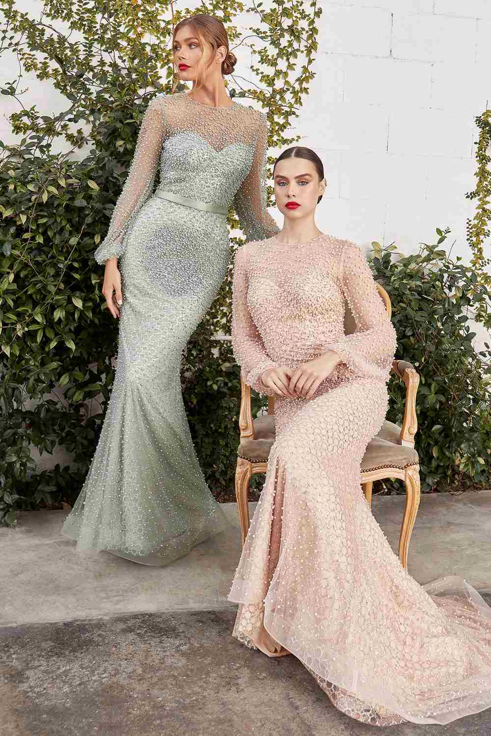 Andrea & Leo A0997W Pearl Beaded Long Sleeve Fit and Flare Long Dress