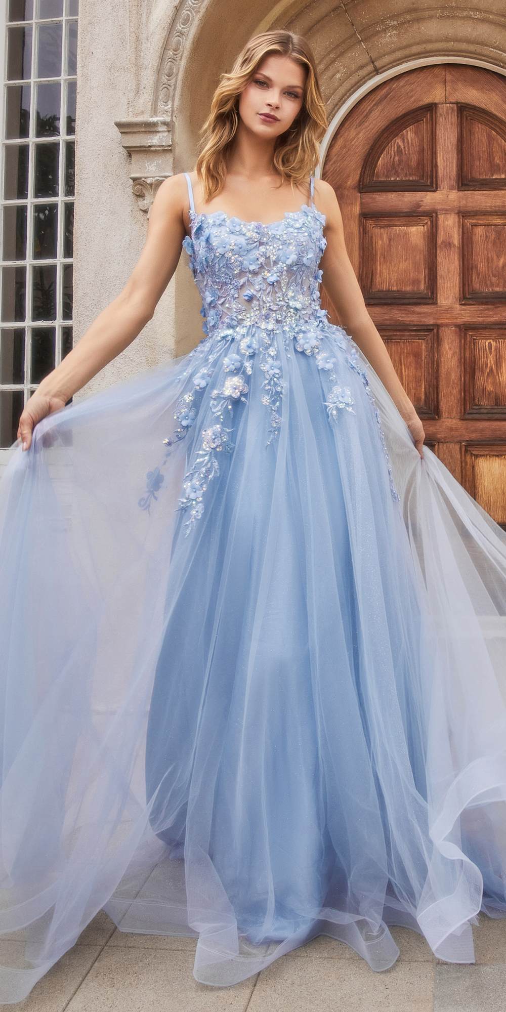 Andrea & Leo A1142 Floor Length Floral Applique A-Line Tulle Gown