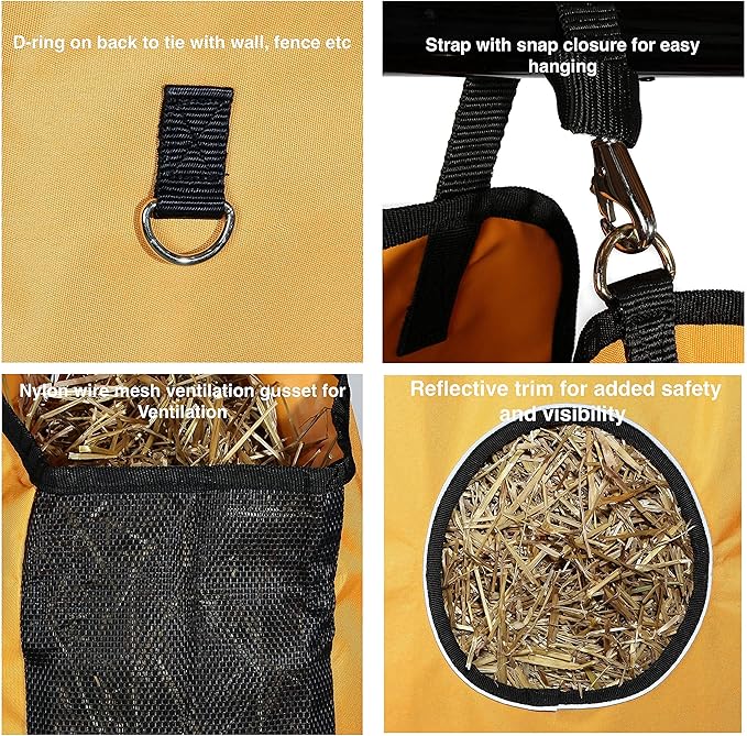 Majestic Ally 1200 D Hay Feeder Tote Bag for Horses, Sheep with Reflective Trim- Reduces Waste - Comes with 36” Hay Net (Orange)