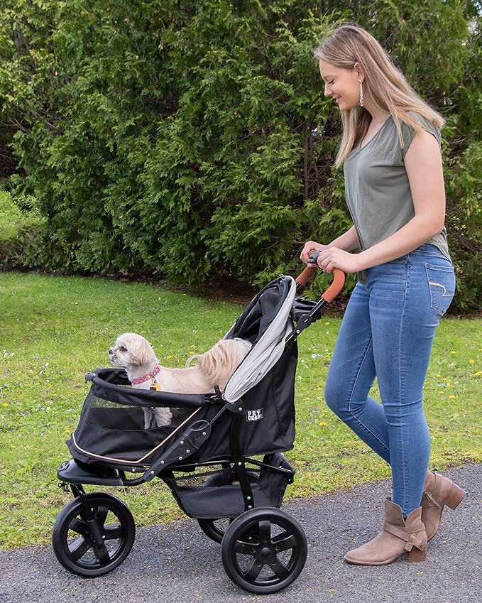 Pet Gear No-Zip AT3 Pet Stroller for Cats/Dogs, Zipperless Entry, Easy One-Hand Fold, Jogging Tires, Removable Liner, Cup Holder + Storage Basket, 1 Model, 2 Colors New Summit Grey