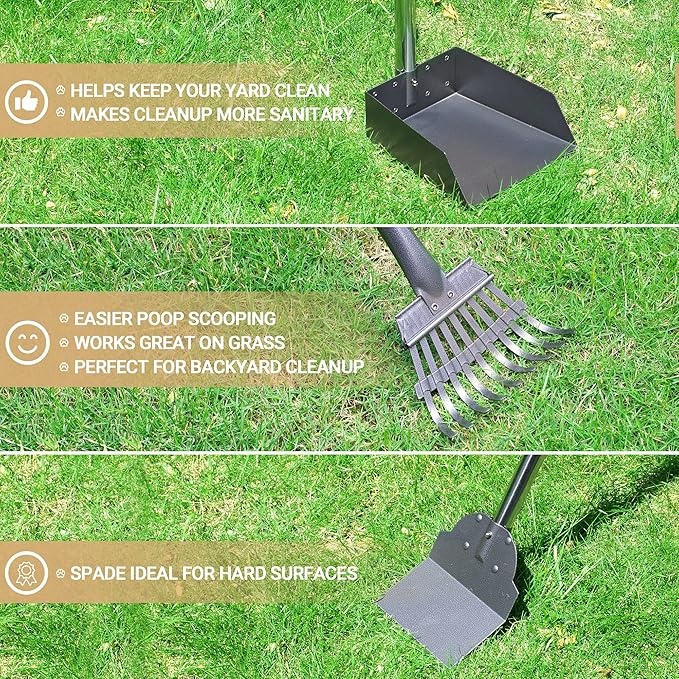Heeyoo Dog Pooper Scooper, Dog Poop Tray and Rake Set, Pet Waste Removal Scoop with Long Adjustable Sectional Stainless Handles
