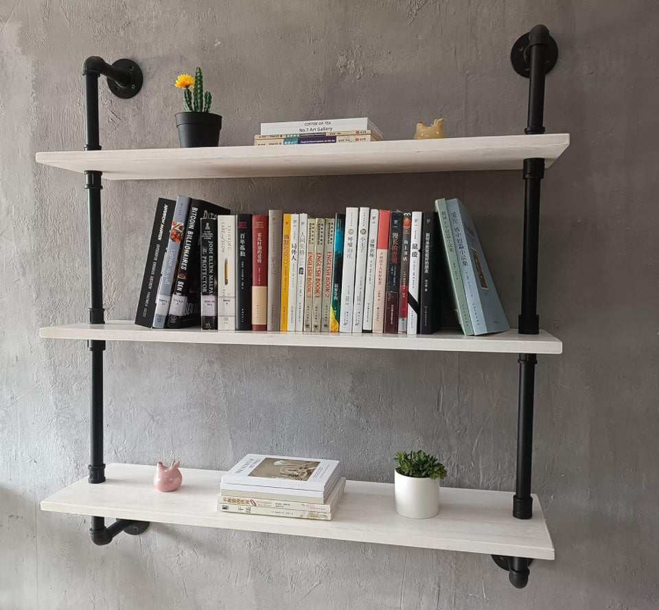 HDDFER Floating Bookshelf Shelves Industrial Pipe Shelving Pipe Shelves Rustic White Wall Shelves 36 Inch Farmhouse Book Shelves for Kitchen Bar,Bathr