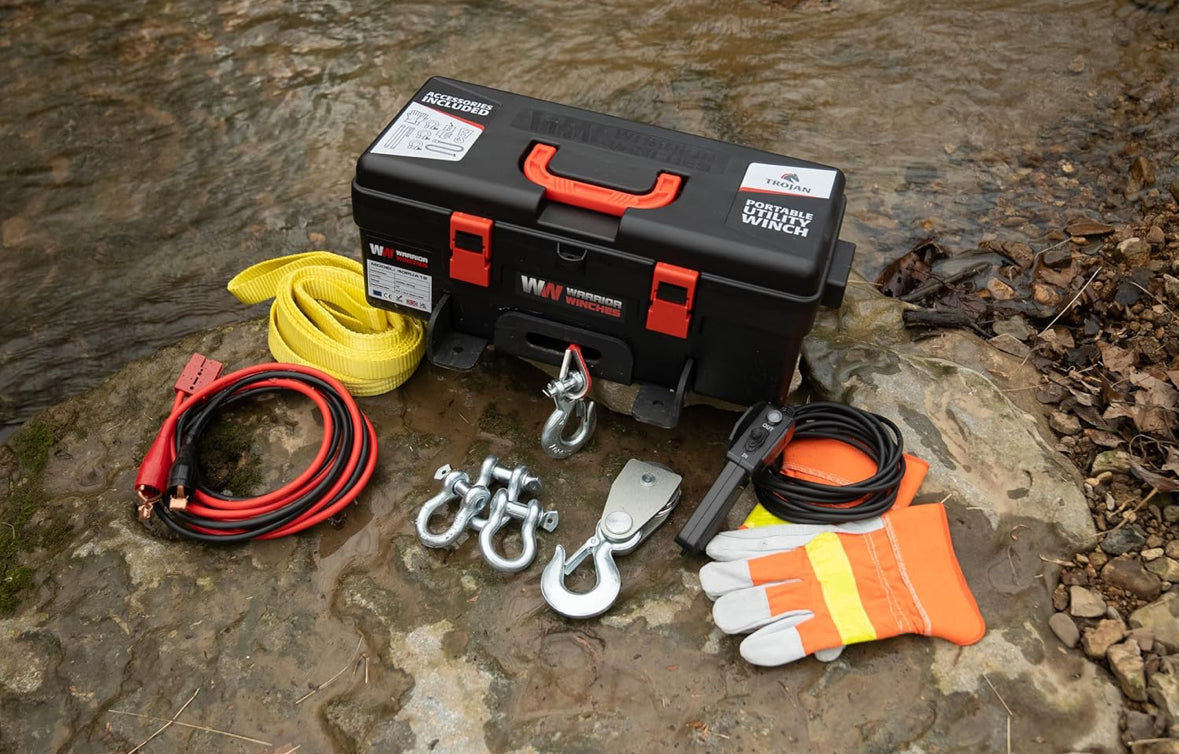 Trojan Portable 12v Electric Winch 4,000lbs - ATV/UTV Winch with Synthetic Rope, Easy to Carry, No Installation – Ideal for Truck, Off