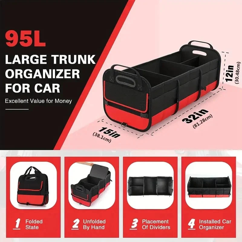 Universal Large Trunk Organizer For Car, Collapsible Multi Compartment Trunk Storage Bag With 2 Retractable Straps