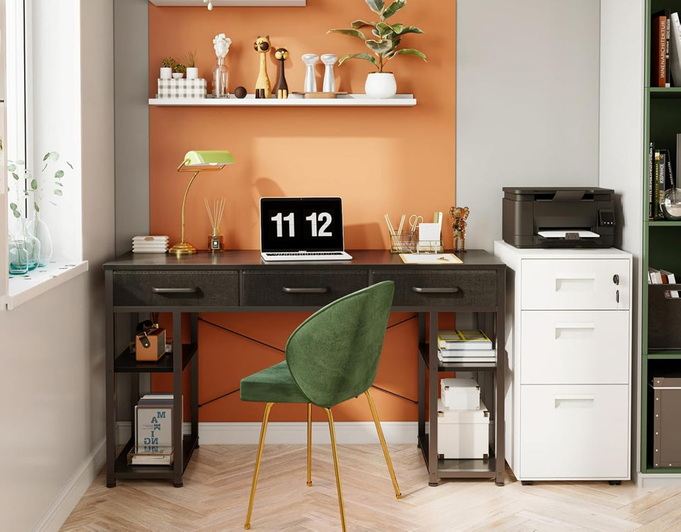 Open Box "ODK Office Small Computer Desk: Home Table with Fabric Drawers & Storage Shelves, Modern Writing Desk, Black, 48""x16"""
