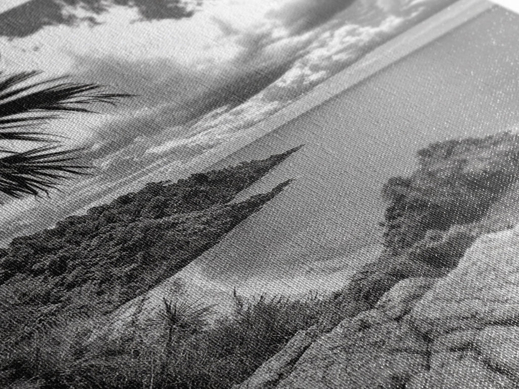 Island View Cliffs, Tropical Shoreline, Black and White Seascape, Framed Canvas Print, Bathroom Art, Travel Decor, Coastal Vibe