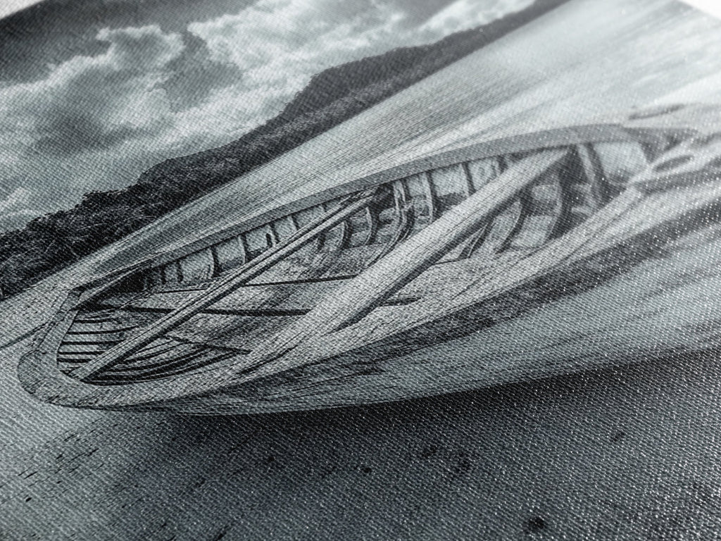 Abandoned Rowboat, Tropical Coastline, Vintage Travel Vibes, Black and White Canvas Print, Beach House or Coastal Living Wall Art