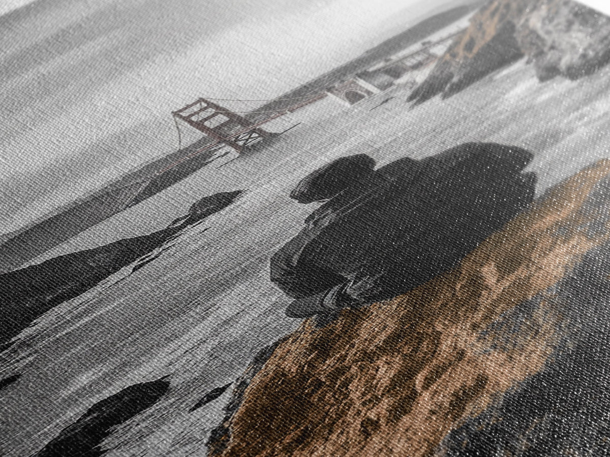 Golden Gate, Solitude View, Man on Cliff, Iconic Bridge, Framed Canvas Print, Travel Wall Art, Office Inspiration, Moody Coastal Decor