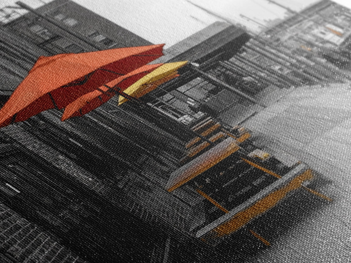 Urban Pier, Red Yellow Umbrellas, Waterfront Dining, Framed Canvas Print, Industrial Decor, Cafe Kitchen Wall Art, Cityscape Photography