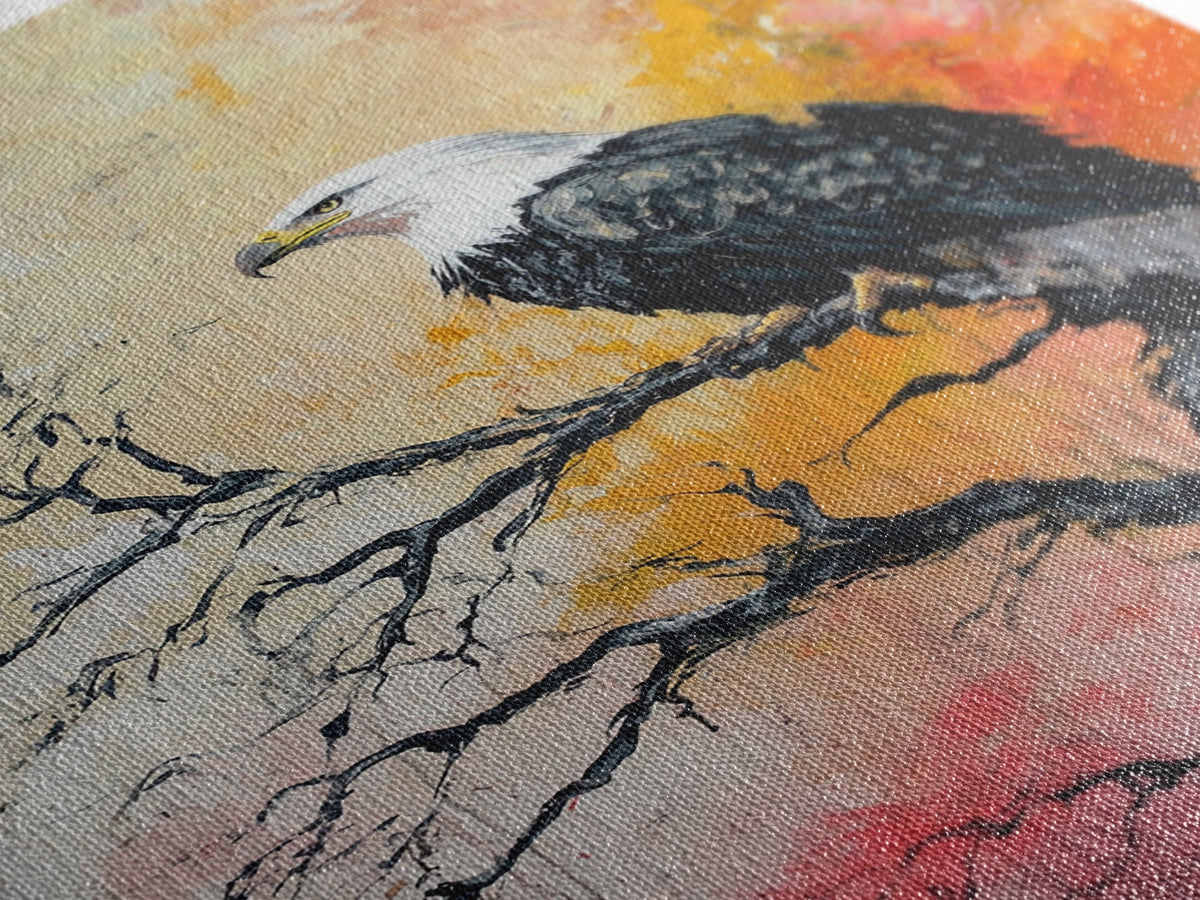 Eagle on Branch, textured painting, wildlife wall art, rustic art, autumn colors, farmhouse decor, framed canvas print, bird art