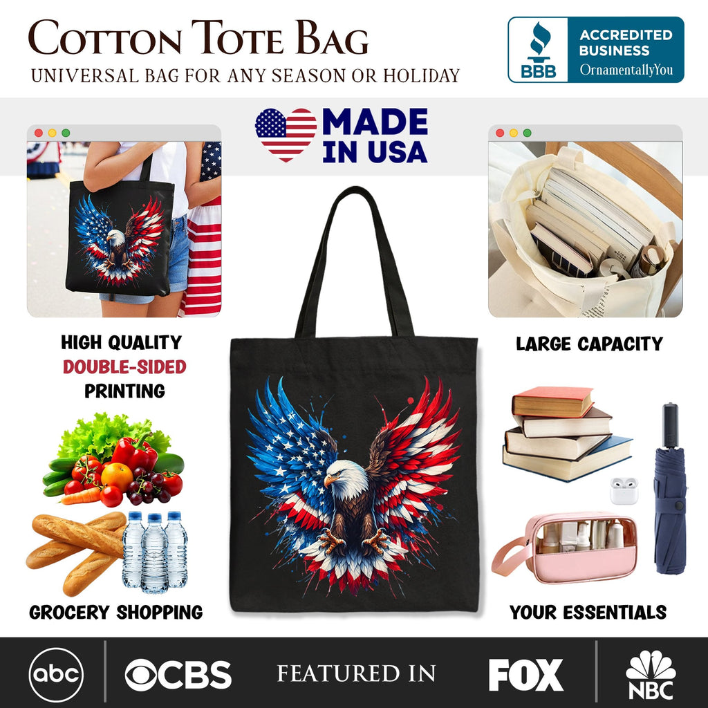 Bald Eagle American Flag Canvas Tote Bag, Patriotic Freedom Gift Shopper